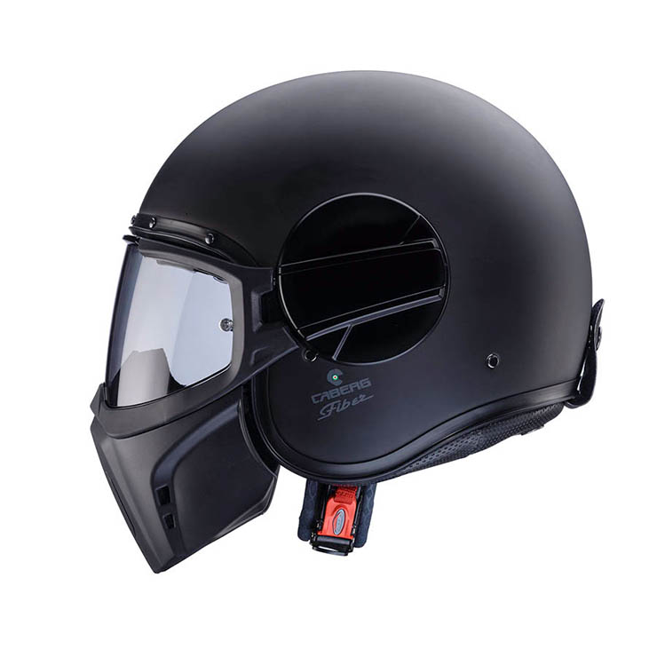 Casco jet Caberg Ghost X nero opaco, vista laterale verso sinistra con maschera abbassata