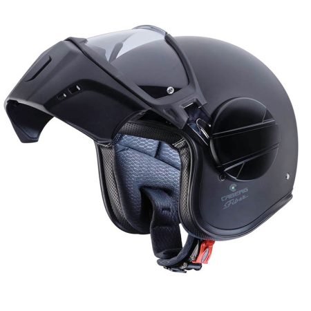 Casco jet Caberg Ghost X nero opaco, vista a tre quarti verso sinistra con maschera sollevata