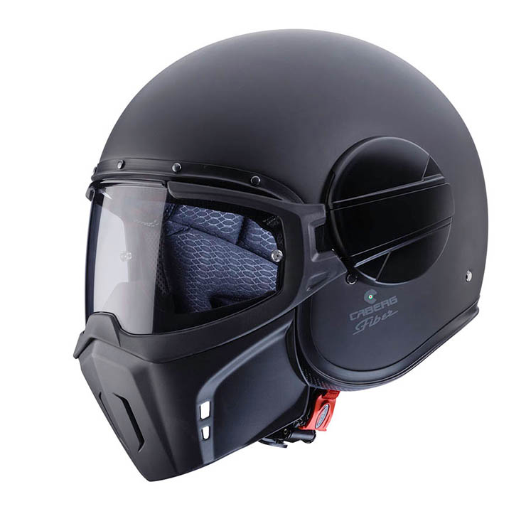 Casco jet Caberg Ghost X nero opaco, vista a tre quarti verso sinistra con maschera abbassata