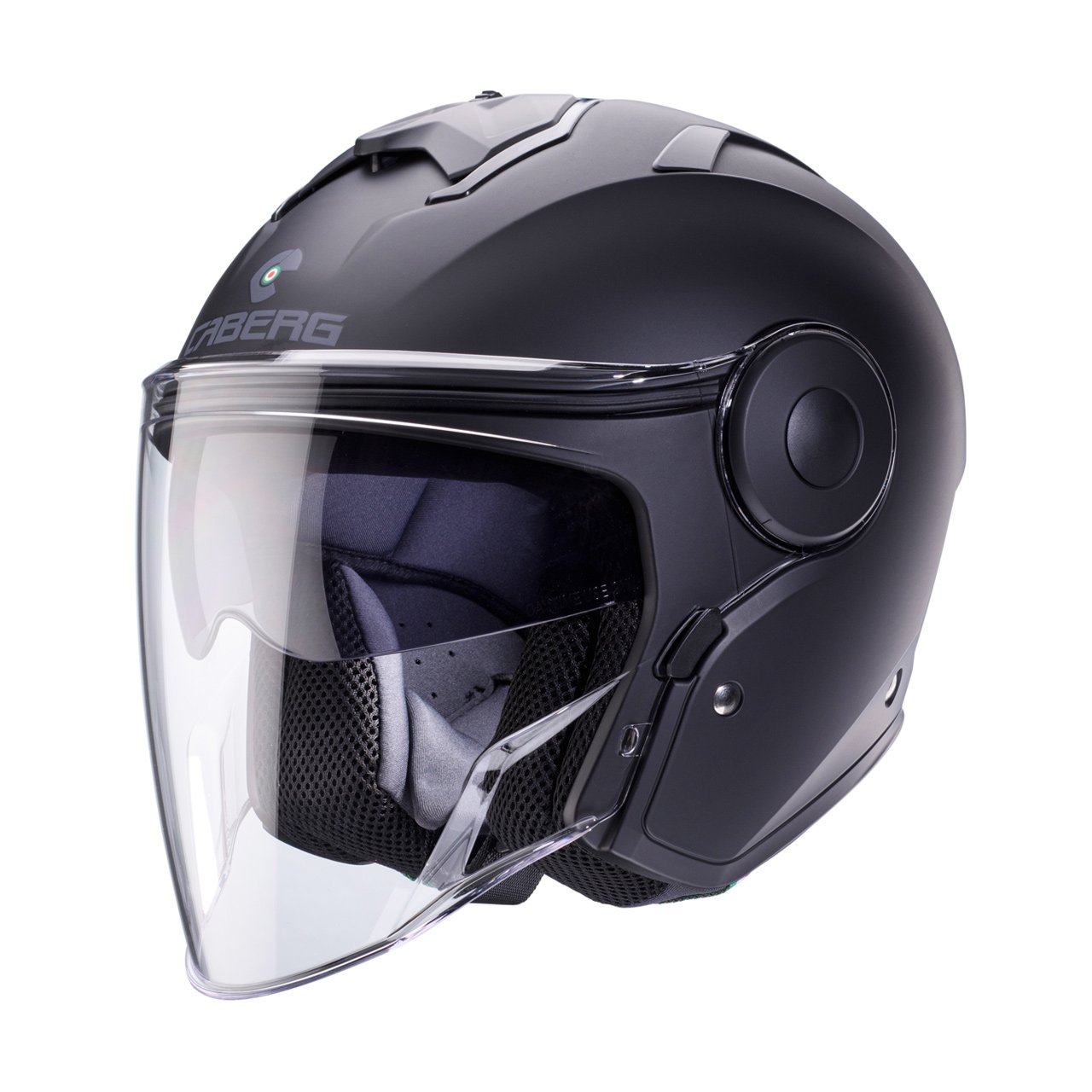 Casco jet Caberg Soho colore nero opaco, vista a tre quarti rivolto verso sinistra