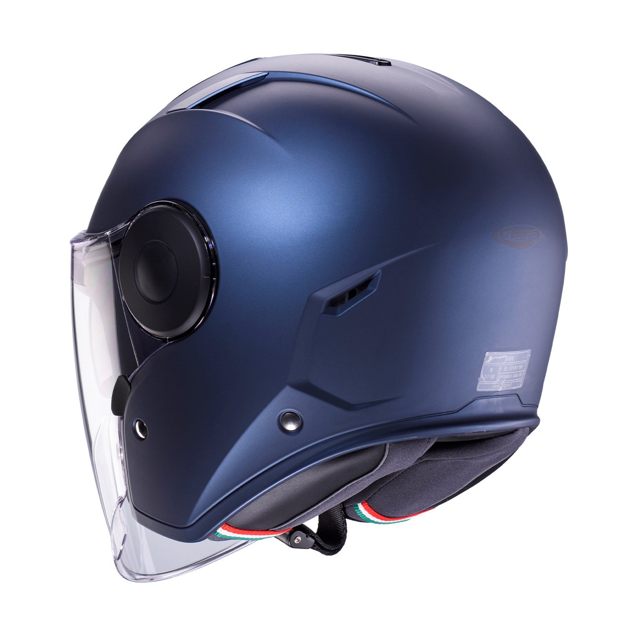 Casco jet Caberg Soho colore blu opaco jeans, vista posteriore tre quarti