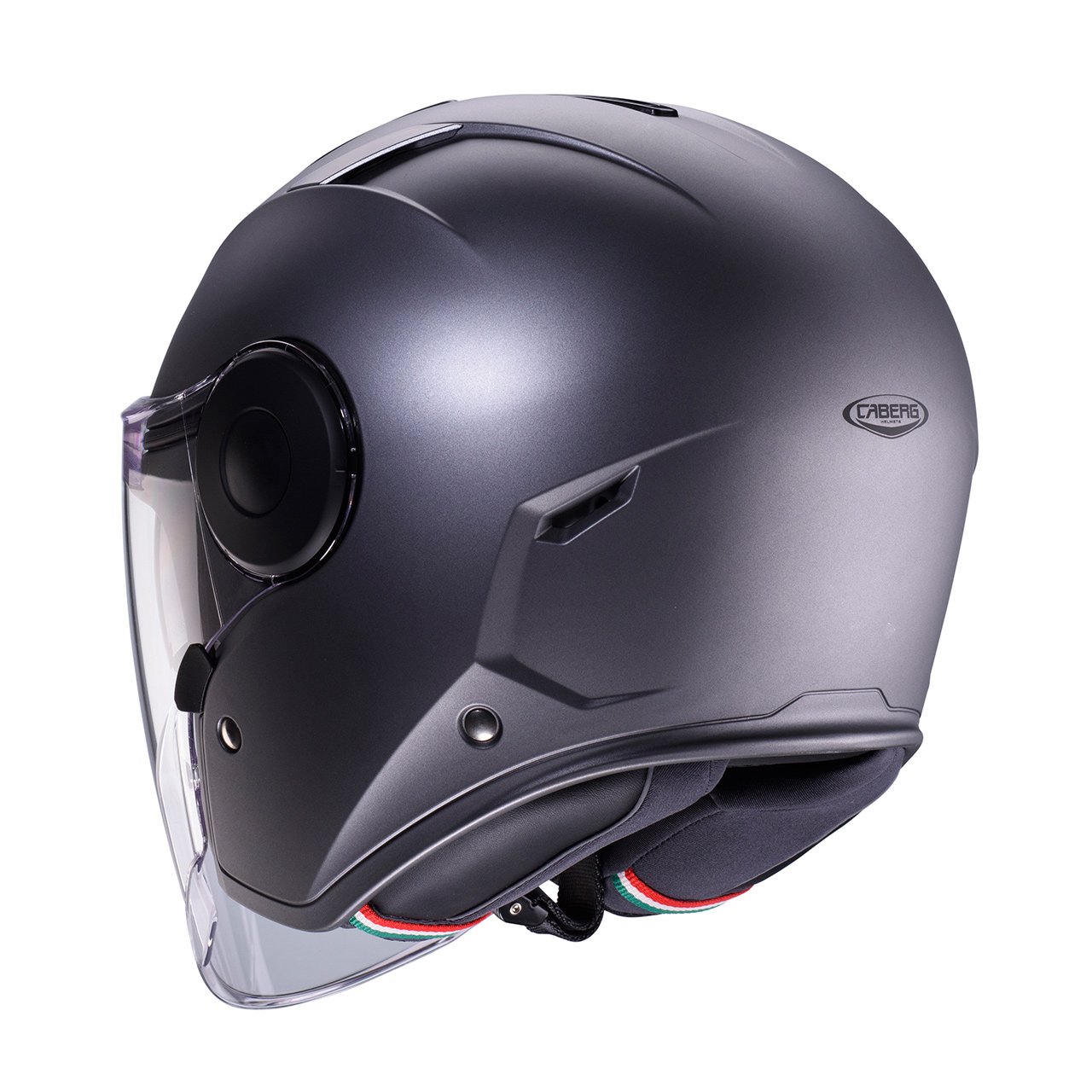 Casco jet Caberg Soho colore antracite opaco, vista posteriore tre quarti