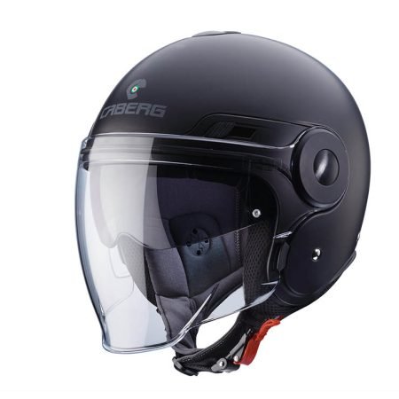 Caberg Uptown jet helmet in matt black, three-quarter view, classic design with long clear visor.