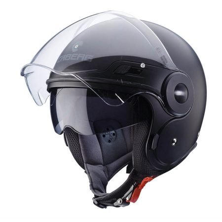 Caberg Uptown jet helmet in matt black, three-quarter view, classic design with raised long clear visor.