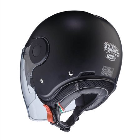 Caberg Uptown jet helmet in matt black, rear view, classic design with long clear visor.